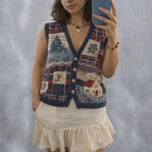 Vintage 90s Christopher & Banks Hand Embroidered Patchwork Knit Sweater Vest M